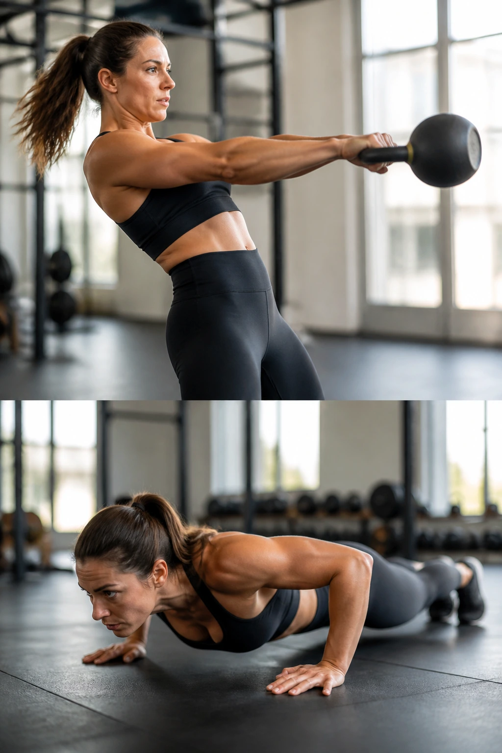 Person performing a kettlebell swing in an open gym space
