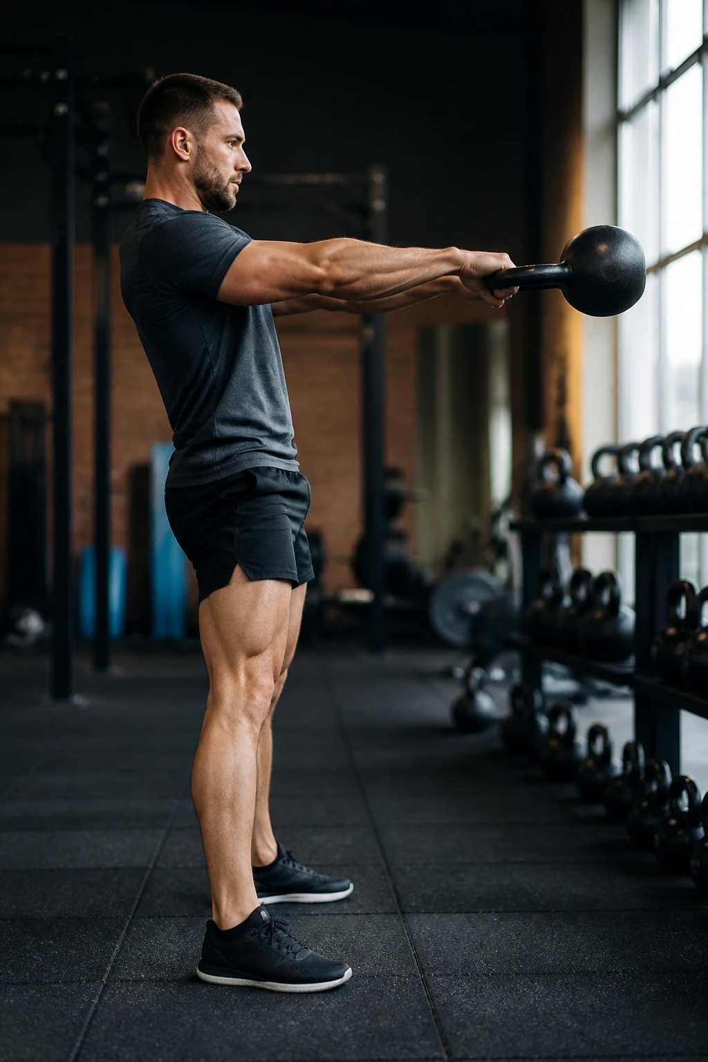 Lifter performing kettlebell swing in gym