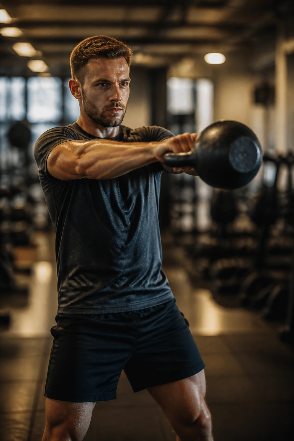 Close-up of athlete performing kettlebell swing during a gym benchmark test