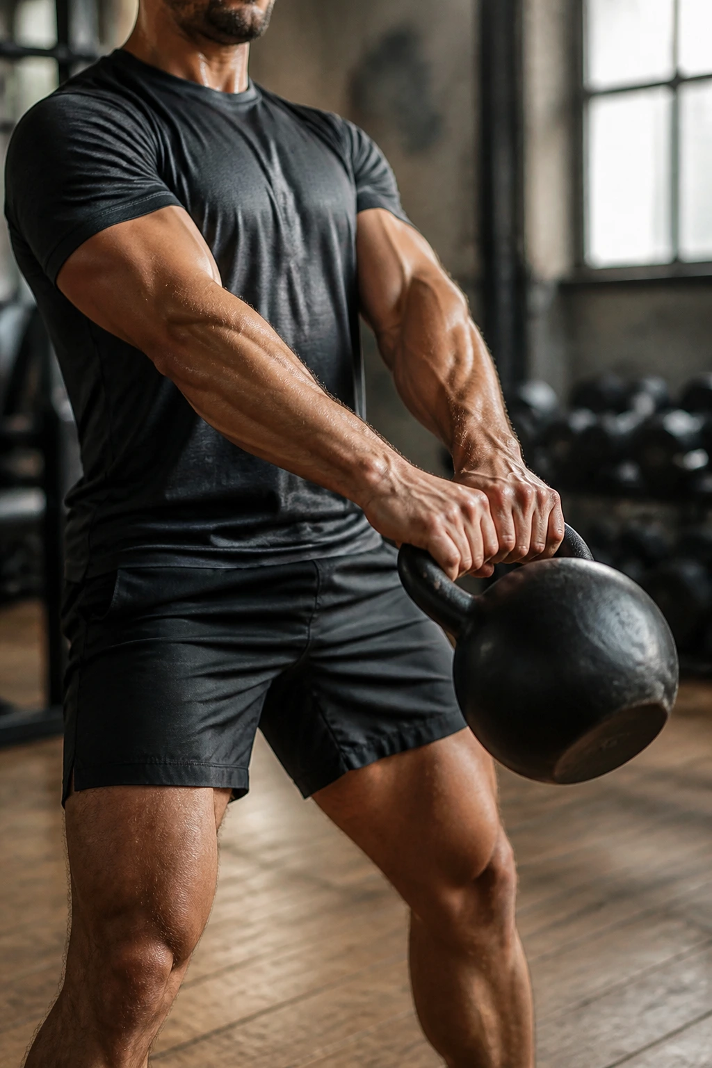 Close-up of a person performing a two-hand kettlebell swing in a home gym