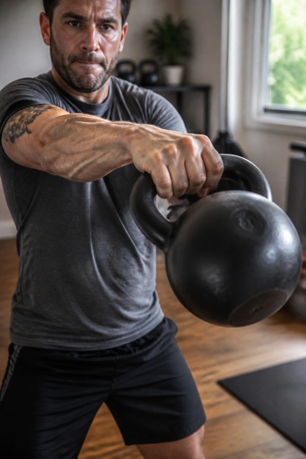 Close-up of a kettlebell being swung by a muscular forearm in a home gym