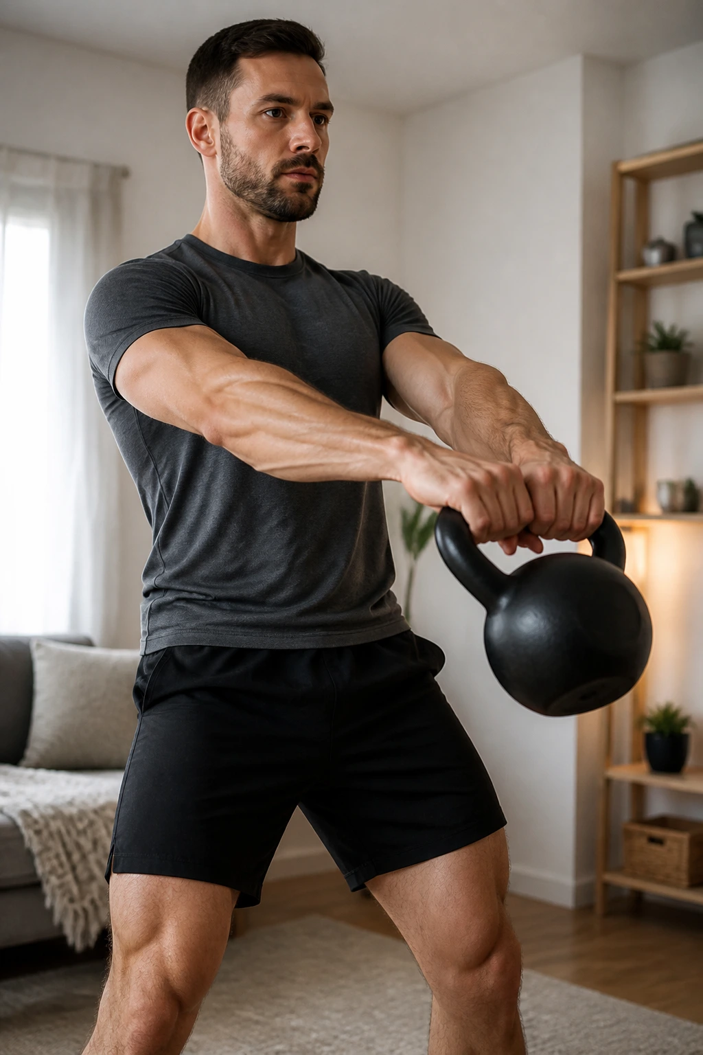 Person performing kettlebell swing in home setting