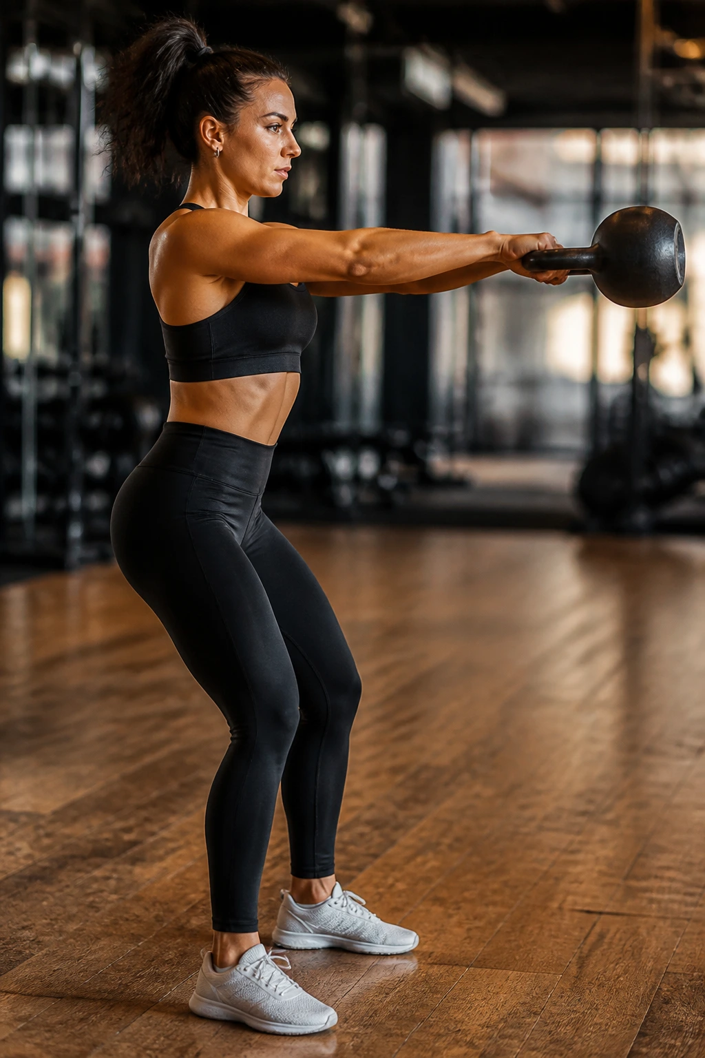 Real person performing kettlebell swing in gym emphasizing hip hinge and posterior chain