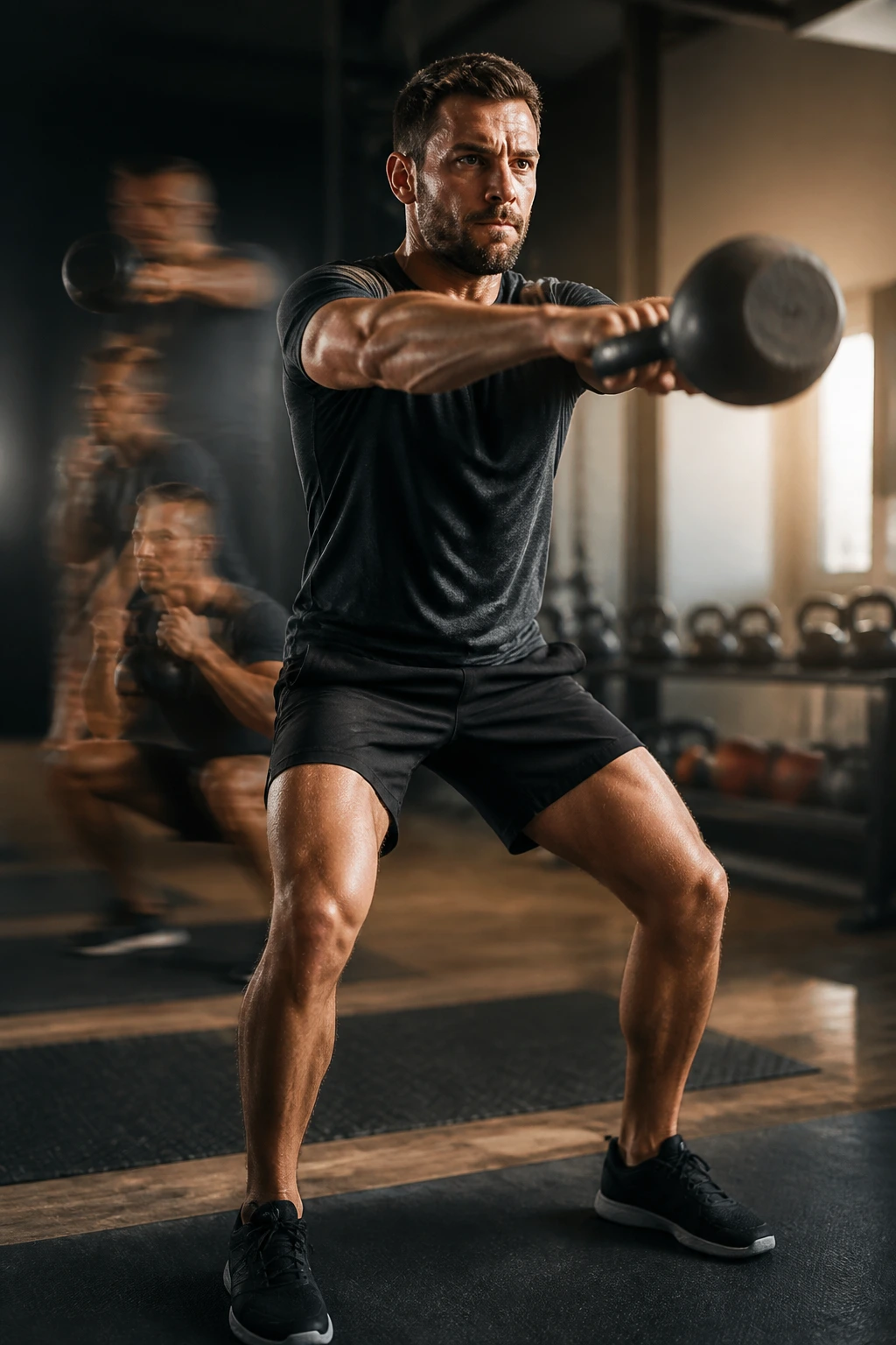 Medium-close shot of athlete swinging a kettlebell in a gym