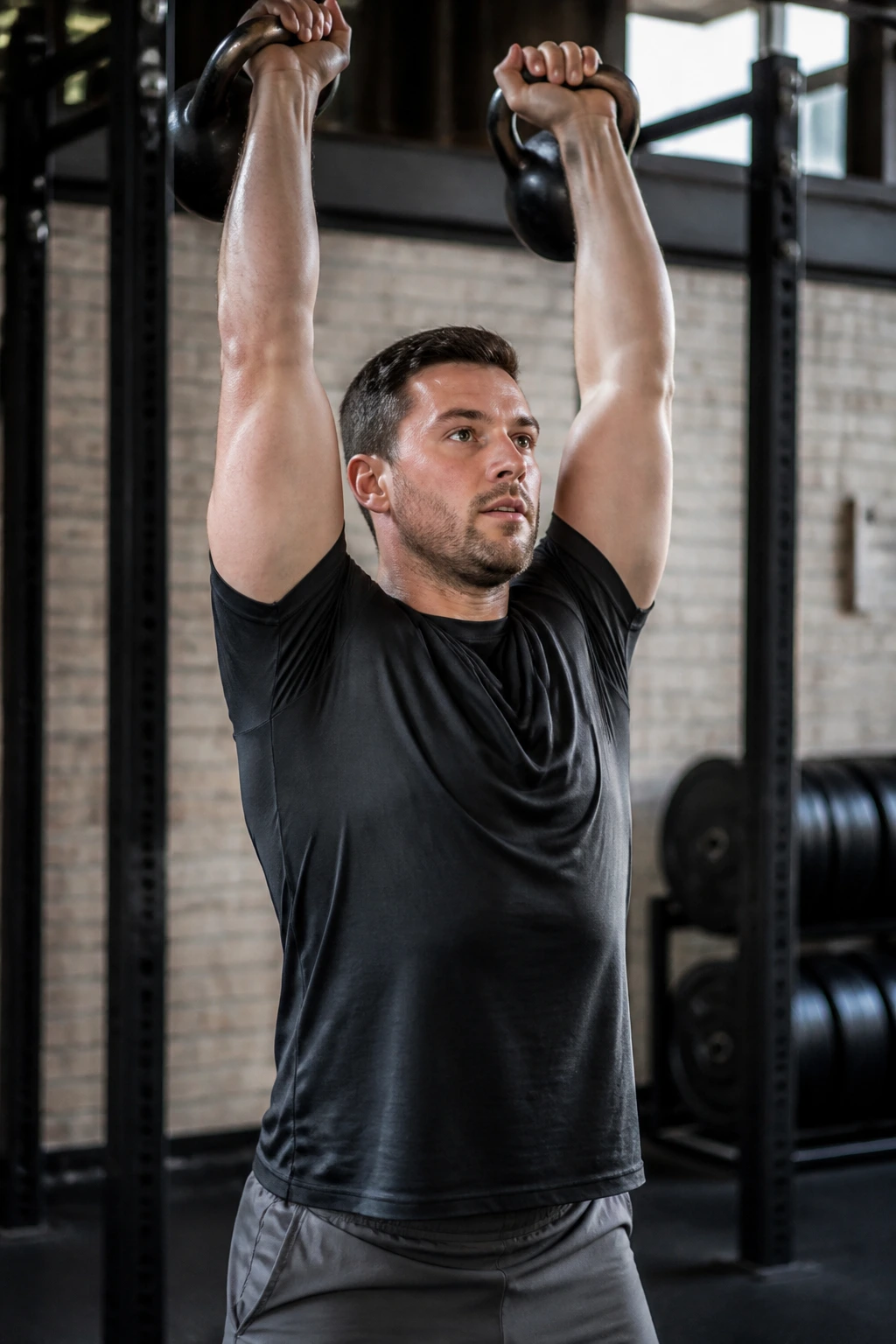 Athlete performing kettlebell thrusters in gym