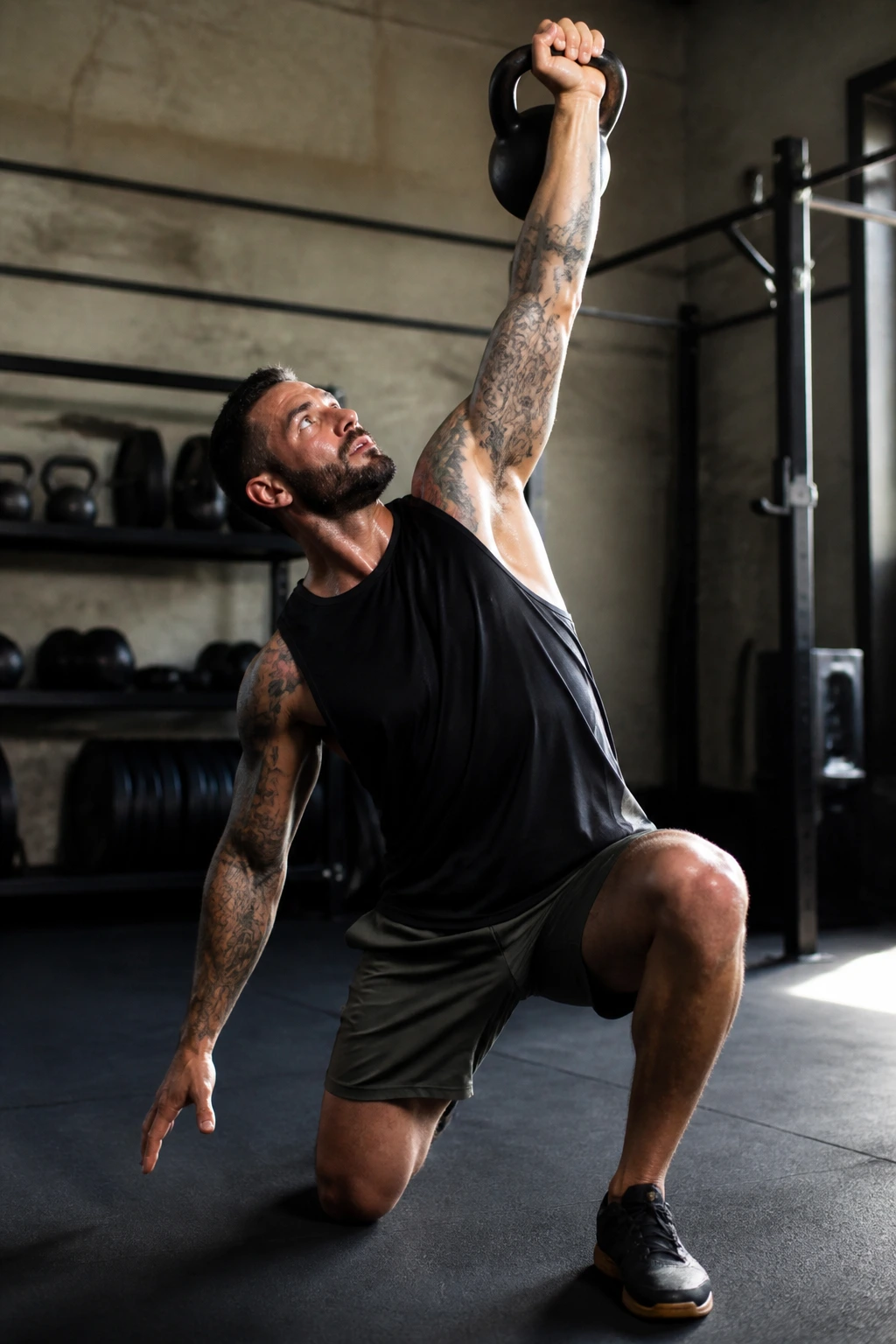Real person performing kettlebell windmill in half-kneeling stance