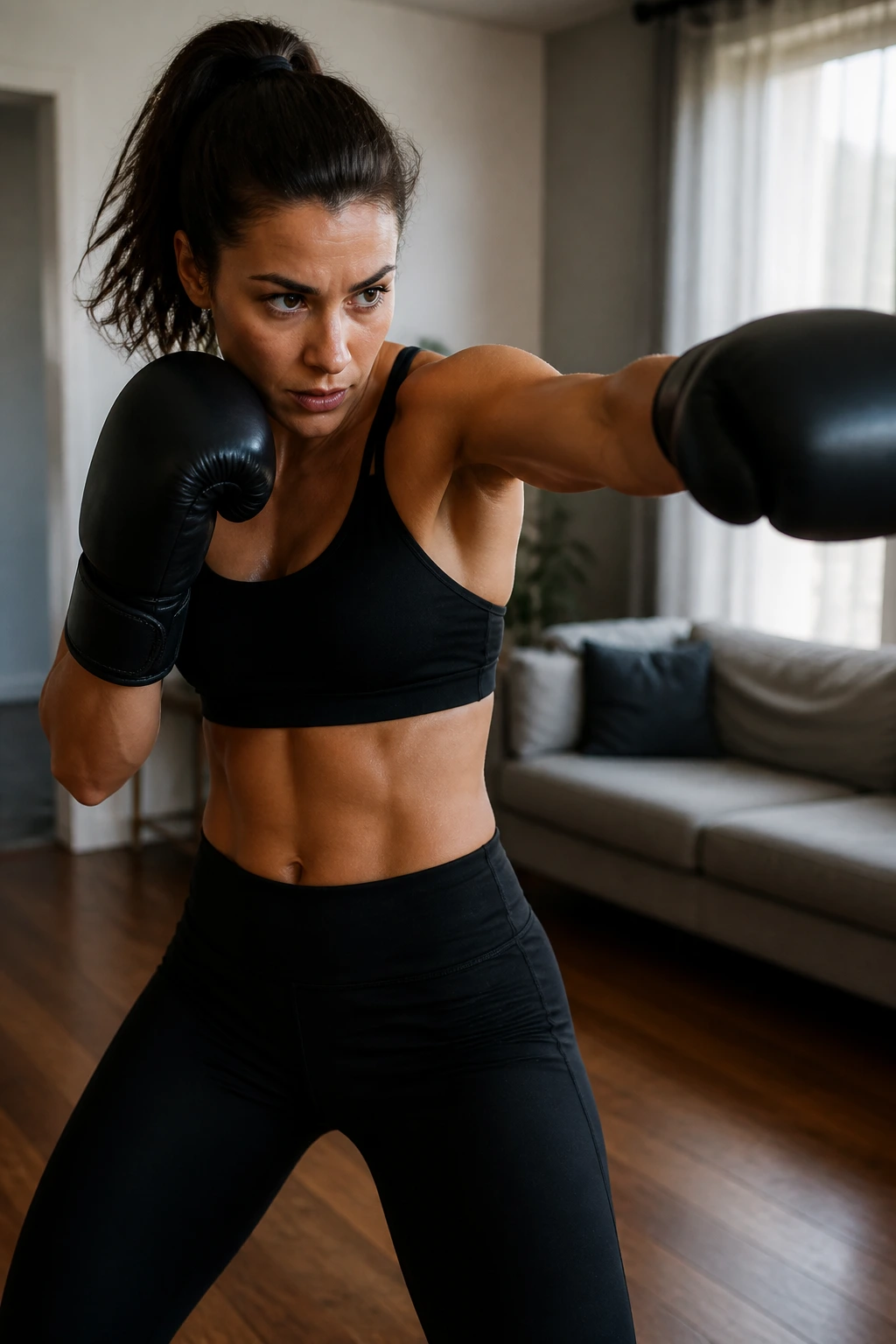 Real person performing boxing combinations in a home living room.