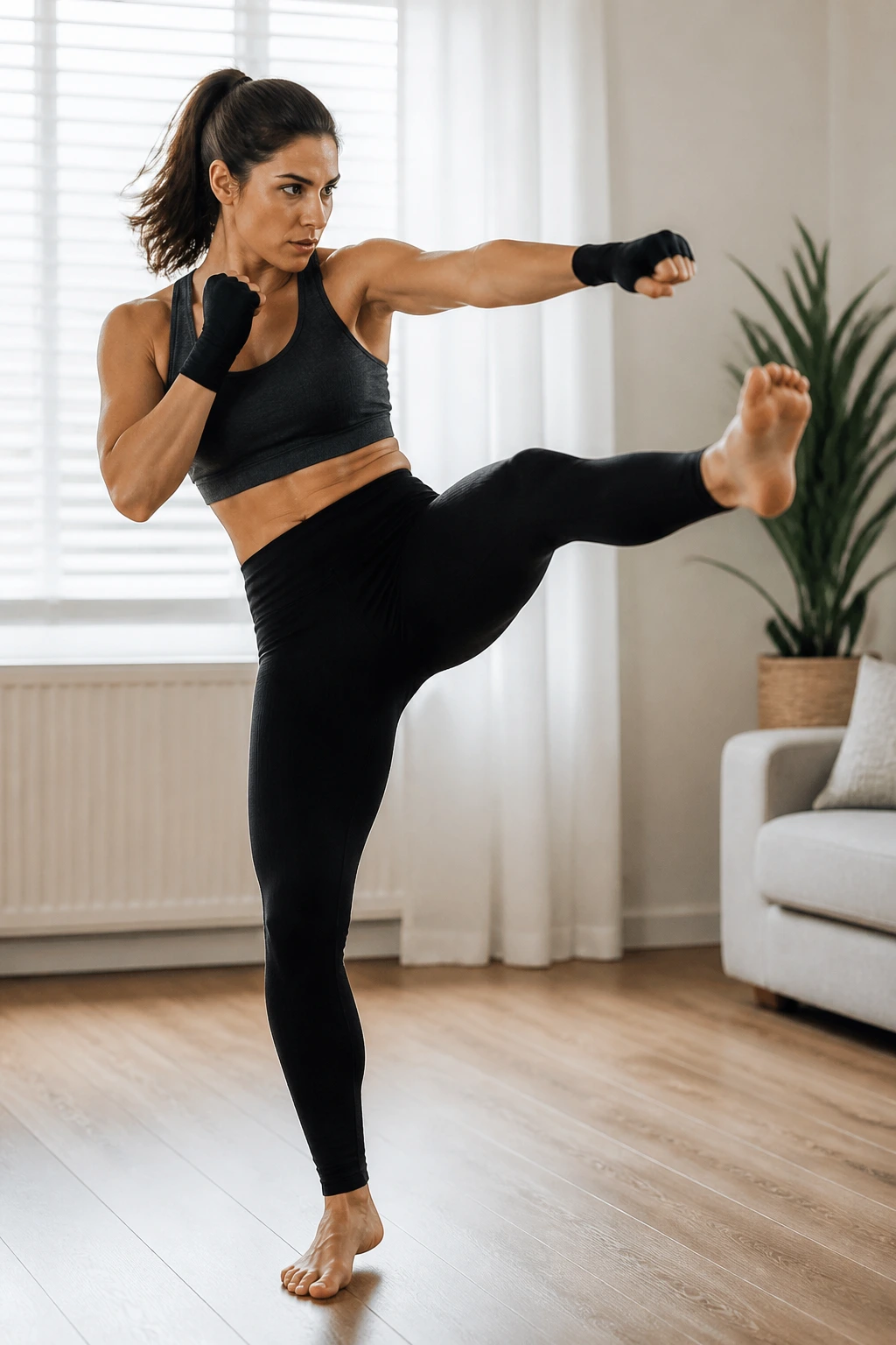 Medium shot of a person executing kickboxing flow in a living room.