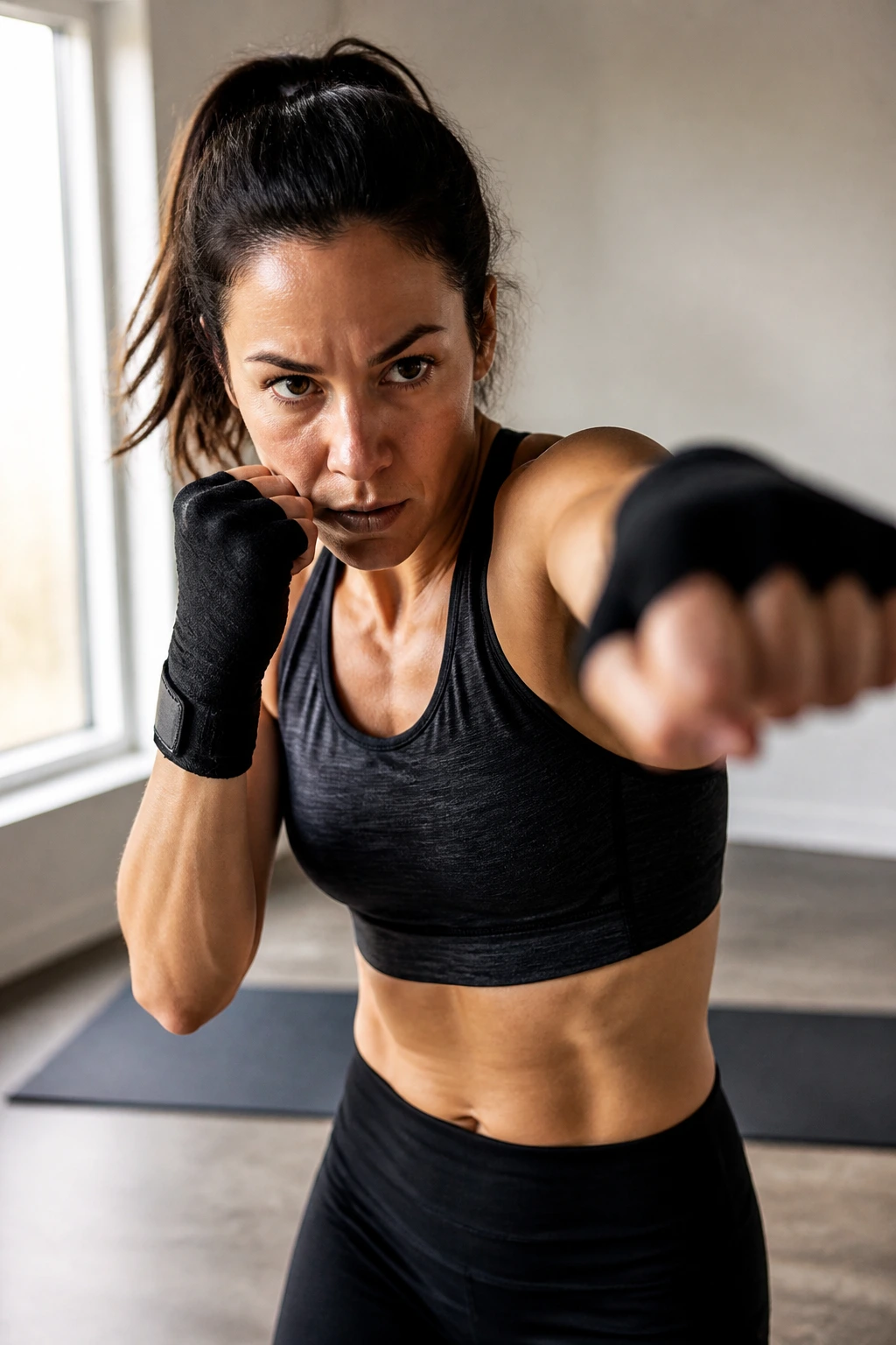 Close-up of a real person performing kickboxing combos (jab-cross) in a home gym with natural light