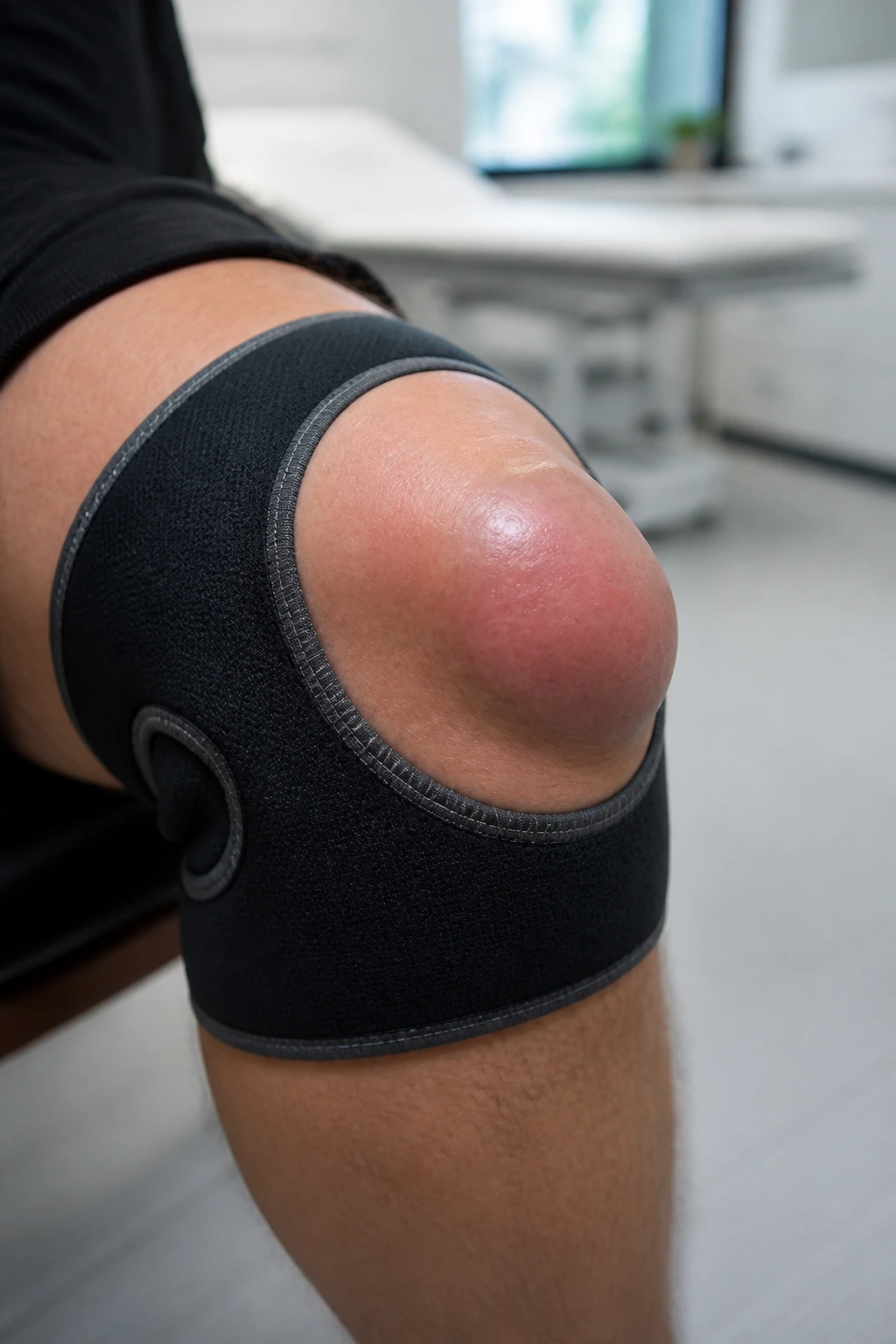 Close-up of swollen knee with visible bursitis swelling over the kneecap.