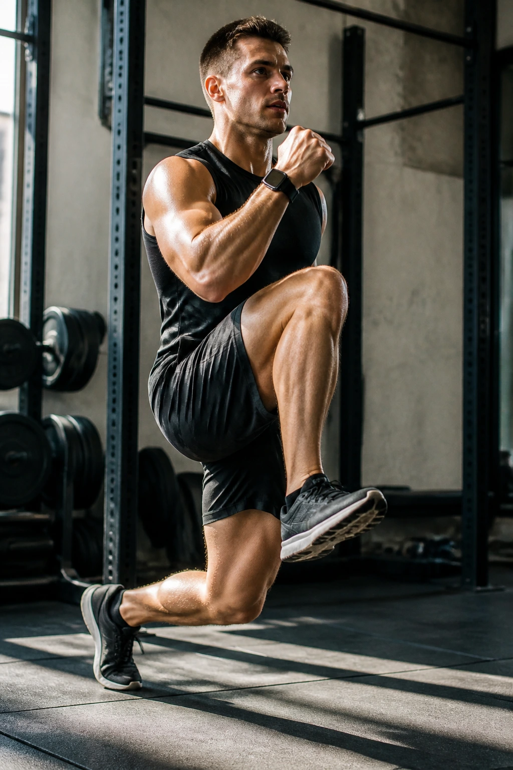 Medium-close shot of a knee-drive lunge with knee driving up