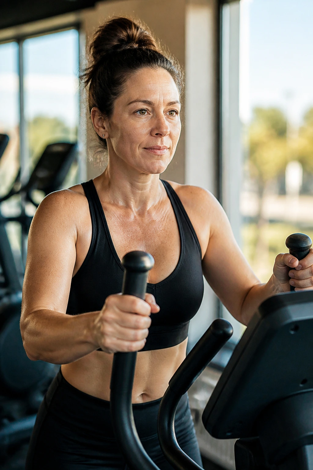 Woman on cross trainer at knee-friendly cardio day in gym