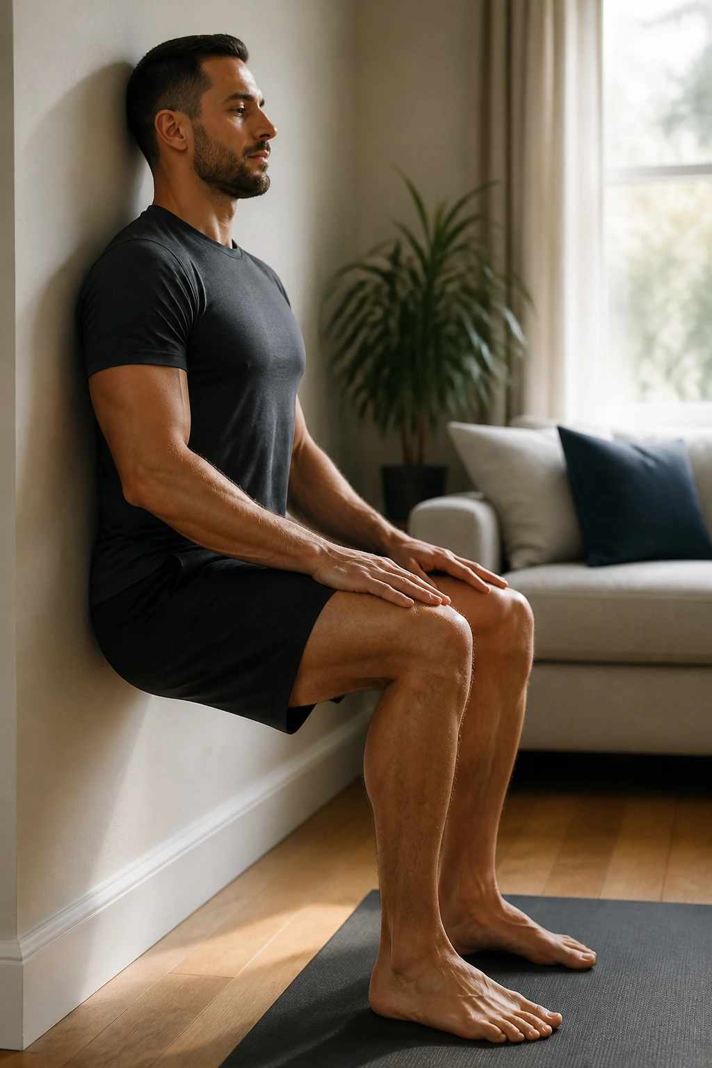 Medium close-up of a person in a wall sit demonstrating knee-friendly form in a home setting