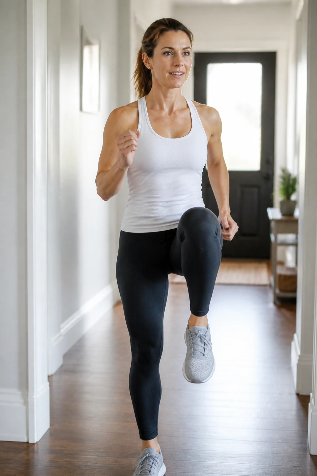 Medium close-up of a real woman performing Alternating Knee-Lift Marches at home
