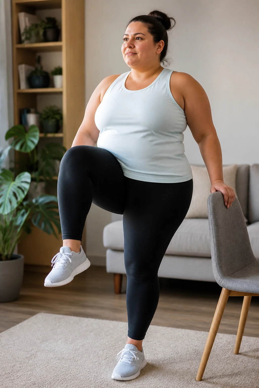 Person performing standing knee lifts beside a chair for balance