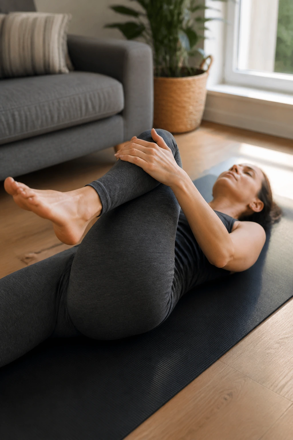 Medium close-up of a person performing knee-to-opposite-shoulder stretch