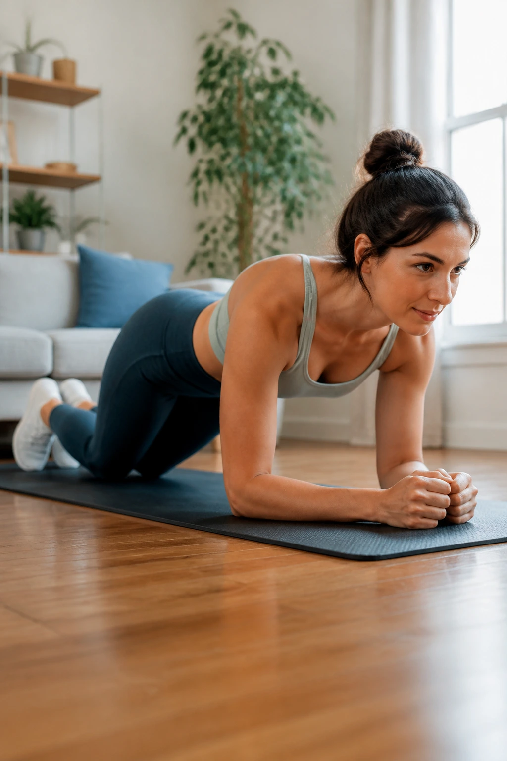 Real person in knee plank position on forearms demonstrating proper form.