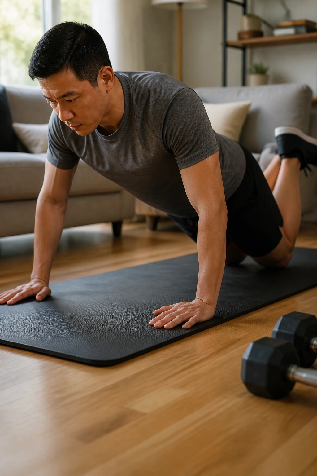 Person performing knee push-ups on a mat with proper form