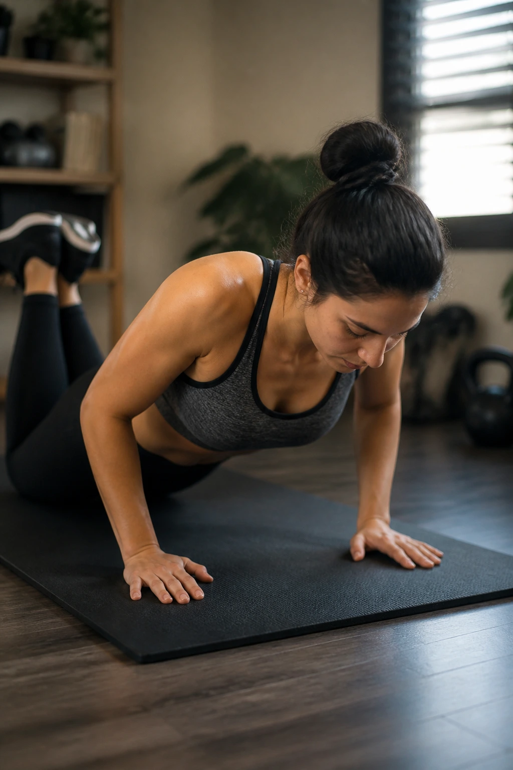 Person performing knee push-ups on a mat with proper form in a home setting
