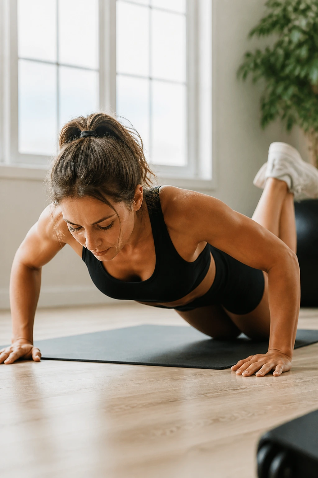 Woman performing knee push-ups on a mat at home.