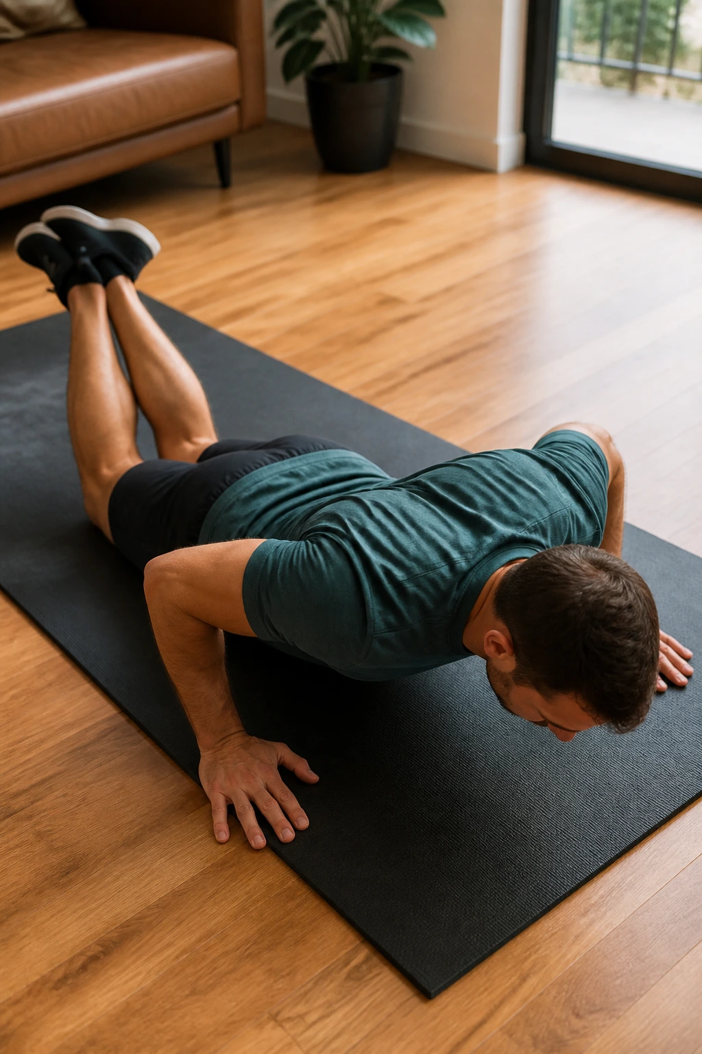 Person performing knee push-ups with a slow, controlled descent on a mat.