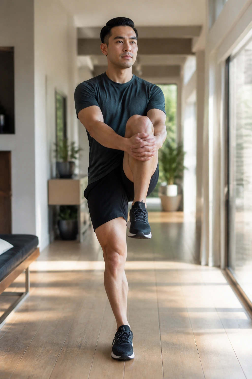 Knee-to-chest hug stretch captured mid-step on a bright floor.