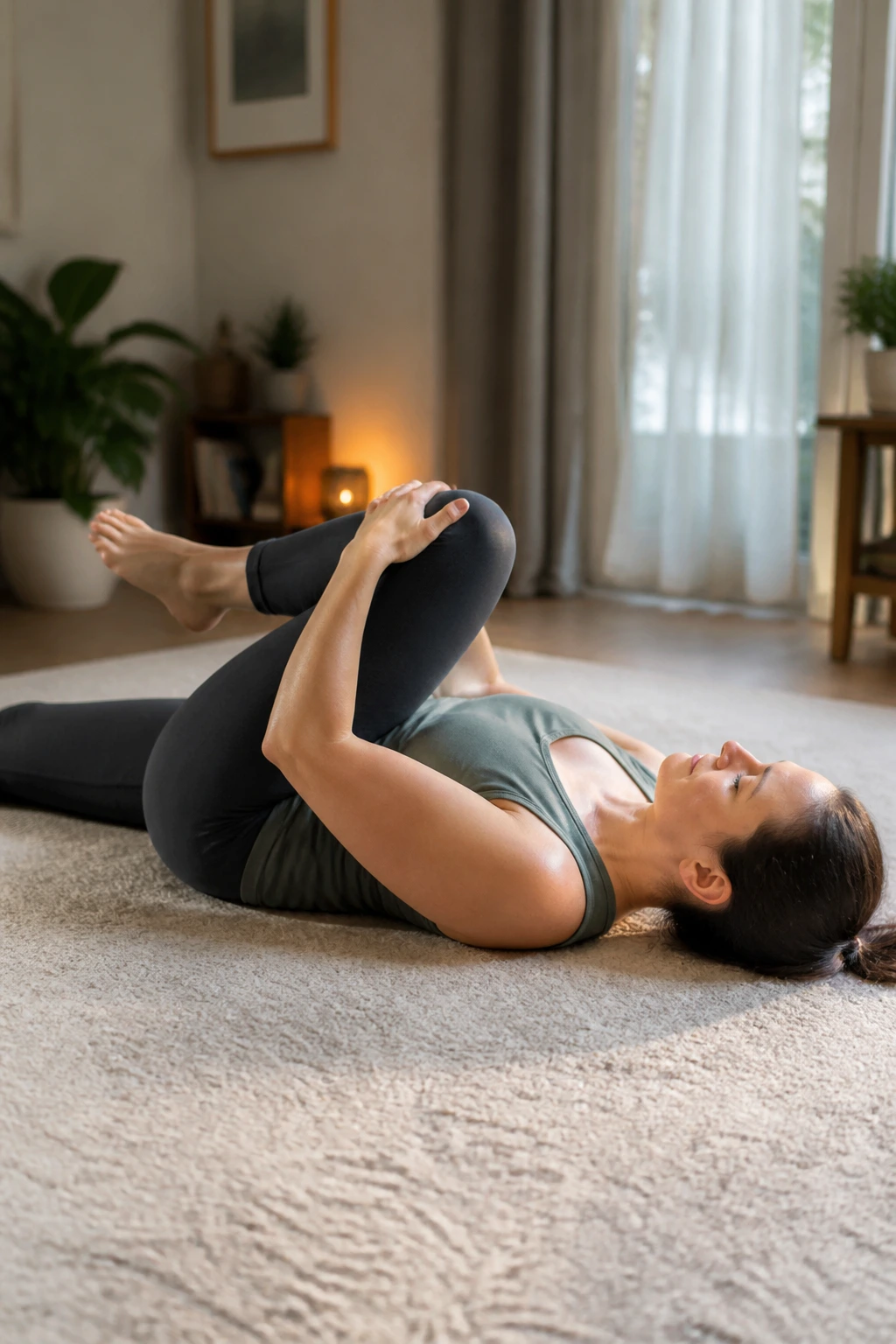 Medium close-up of a person in Knee-to-Chest pose on a rug