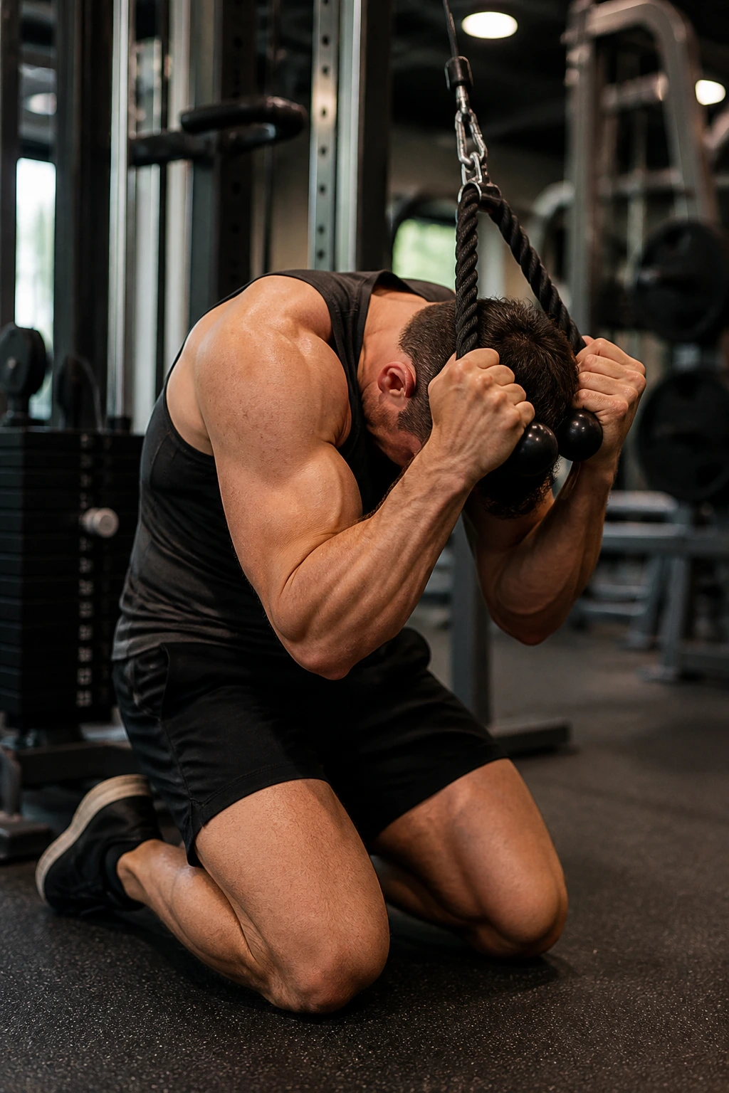 Close-up of a person kneeling and performing a cable crunch with a weight stack in a gym