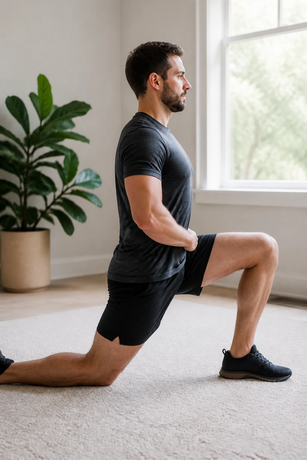 Side view of a person kneeling with upright torso performing hip flexor stretch