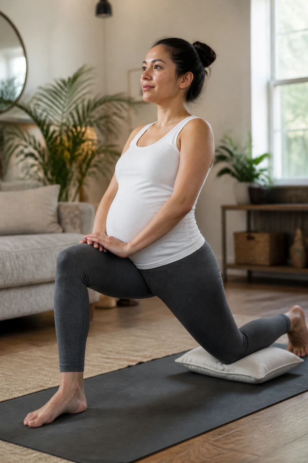 Pregnant person kneeling hip flexor stretch on yoga mat in living room
