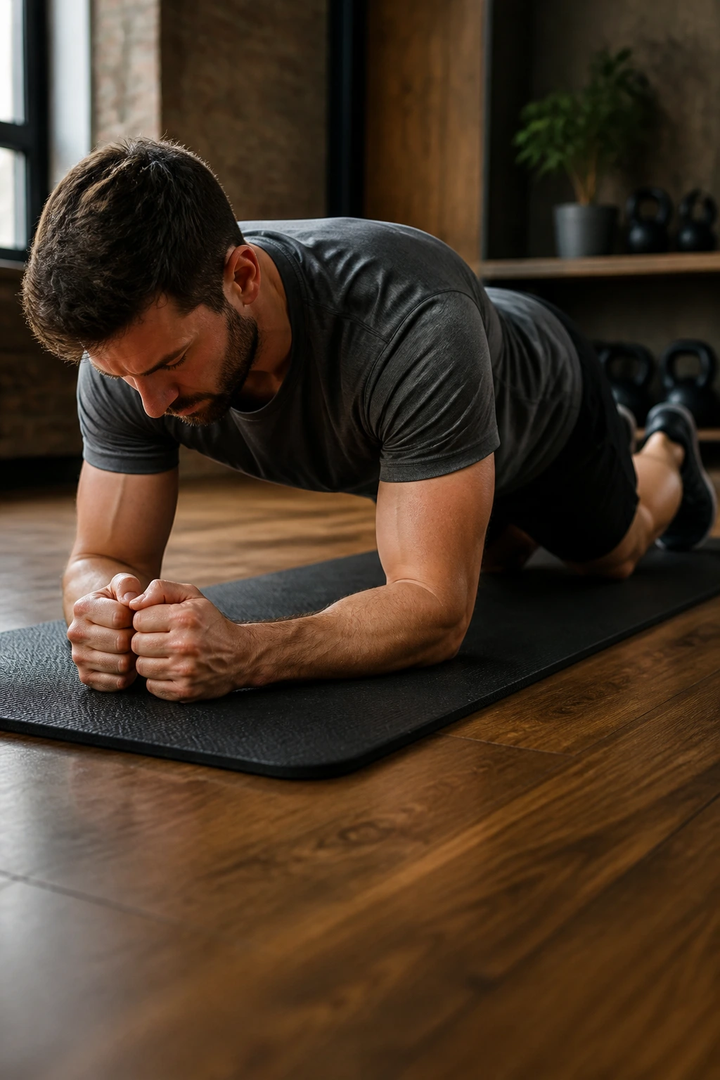 Close-up of a person in kneeling plank on a mat in a gym highlighting straight torso and engaged core