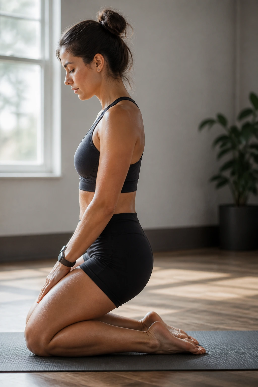 Real person kneeling to stretch the shins