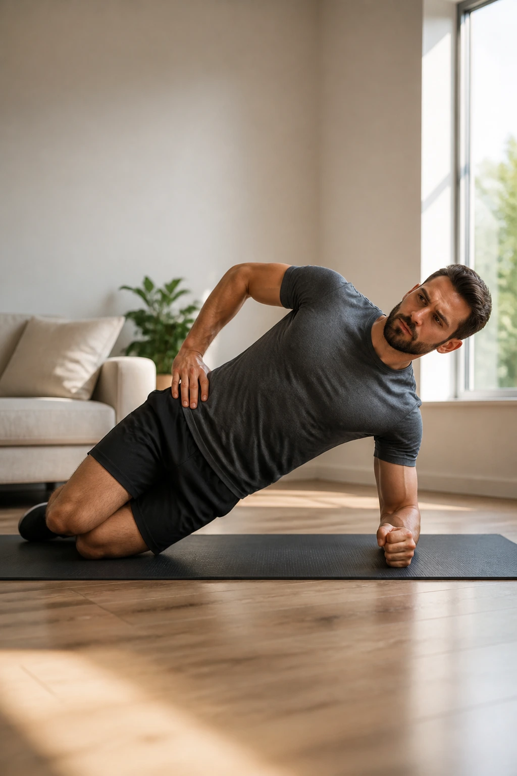 Person performing kneeling side plank at home