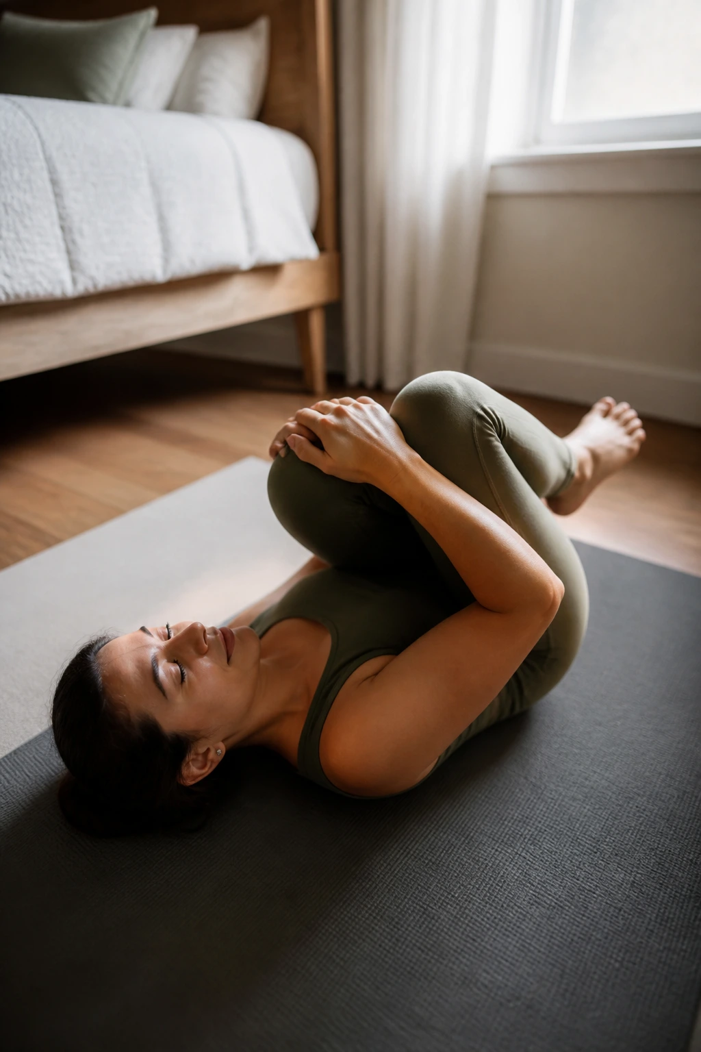 Person lying on back with knees to chest, rocking gently in a cozy bedroom