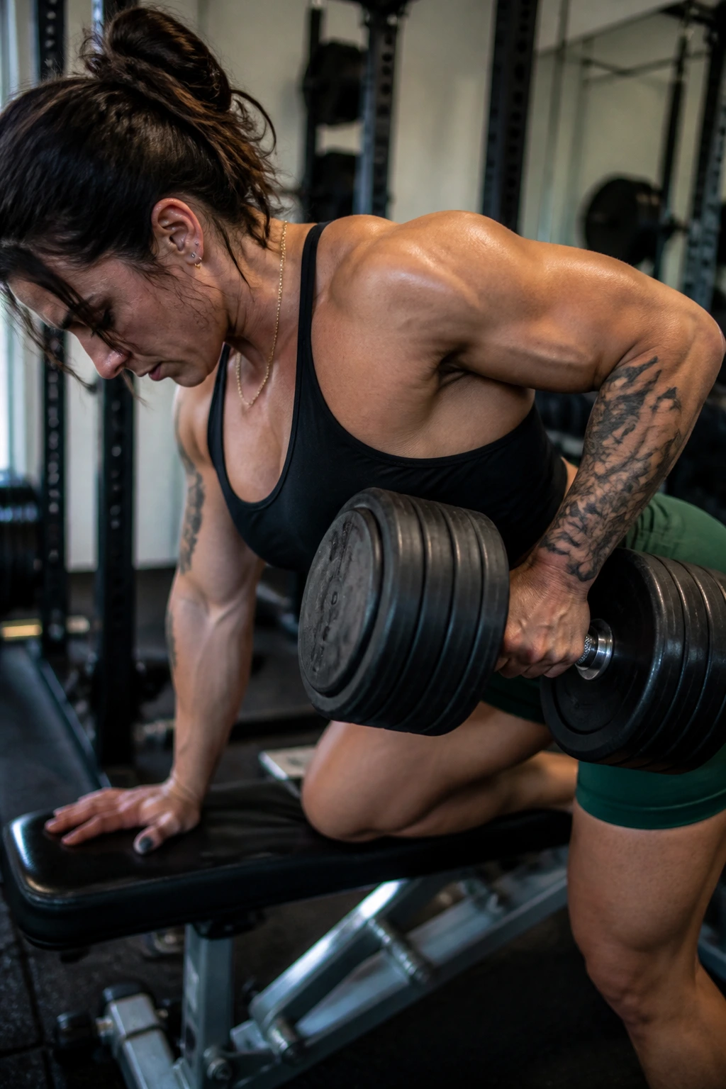 Close-up of a woman performing Kroc Row with dumbbell, grip and upper back engaged
