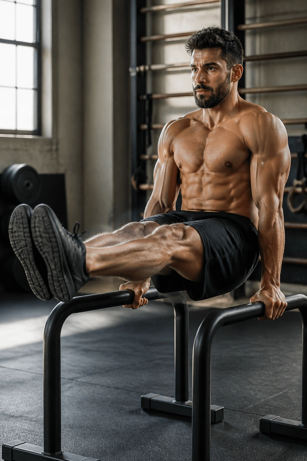 Close-up of a fit adult performing an L-sit on parallel bars in a gym, core engaged