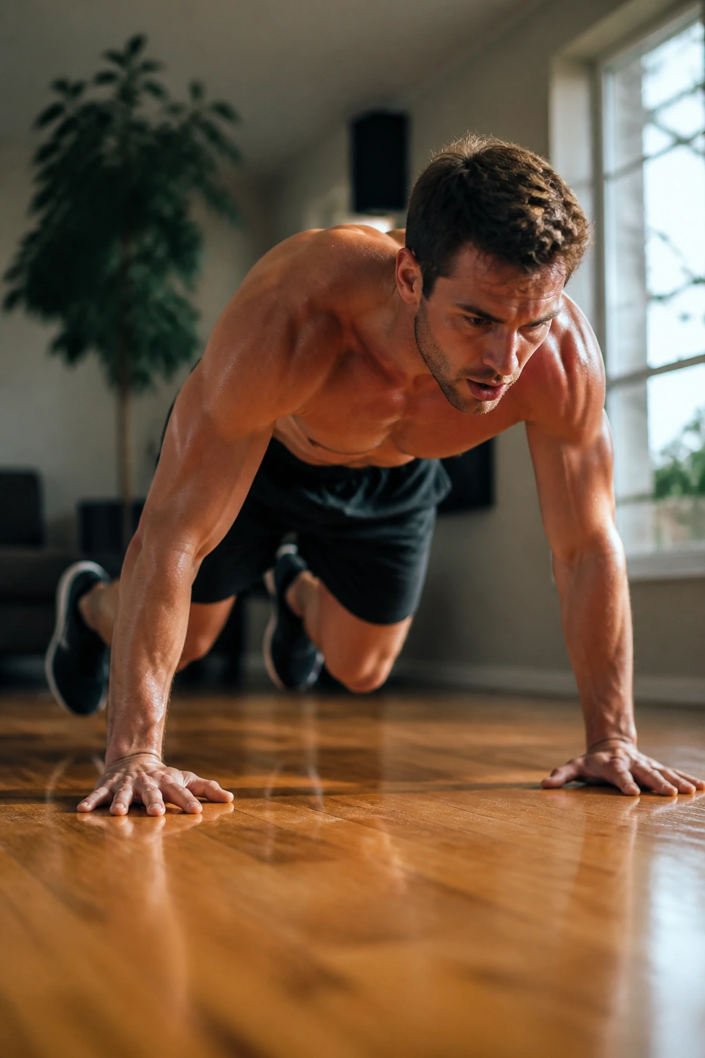Person doing burpees in a small home space as part of ladder workout.