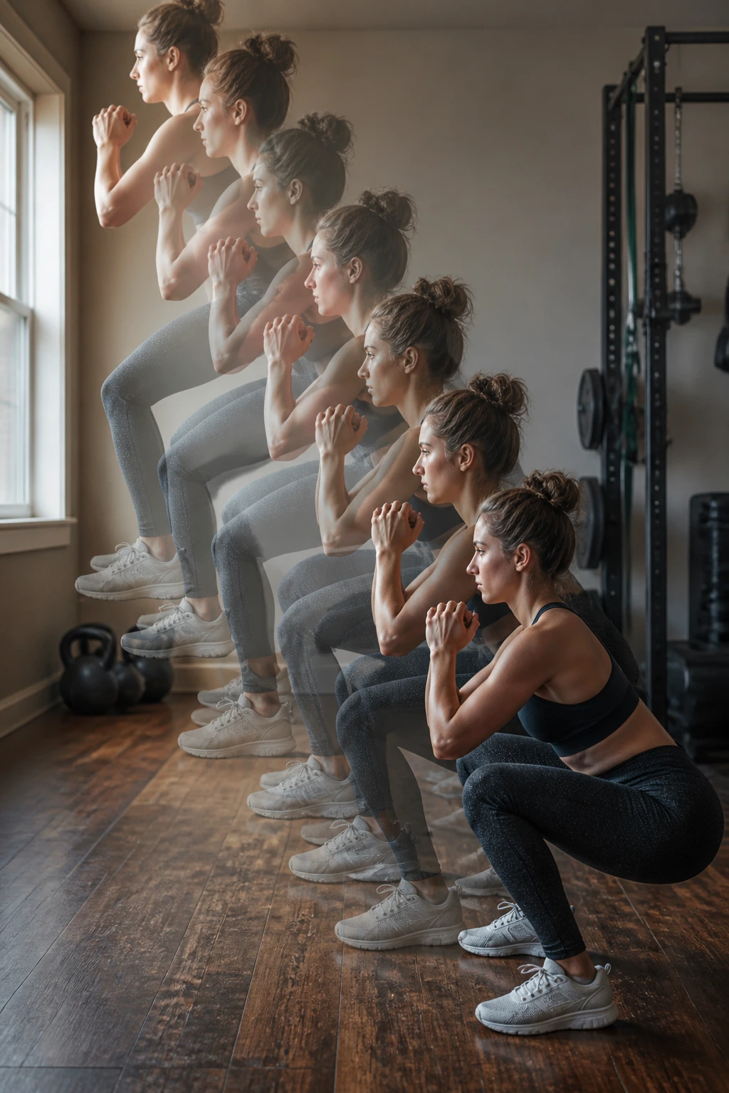 Real person performing descending ladder squat sequence in a home gym