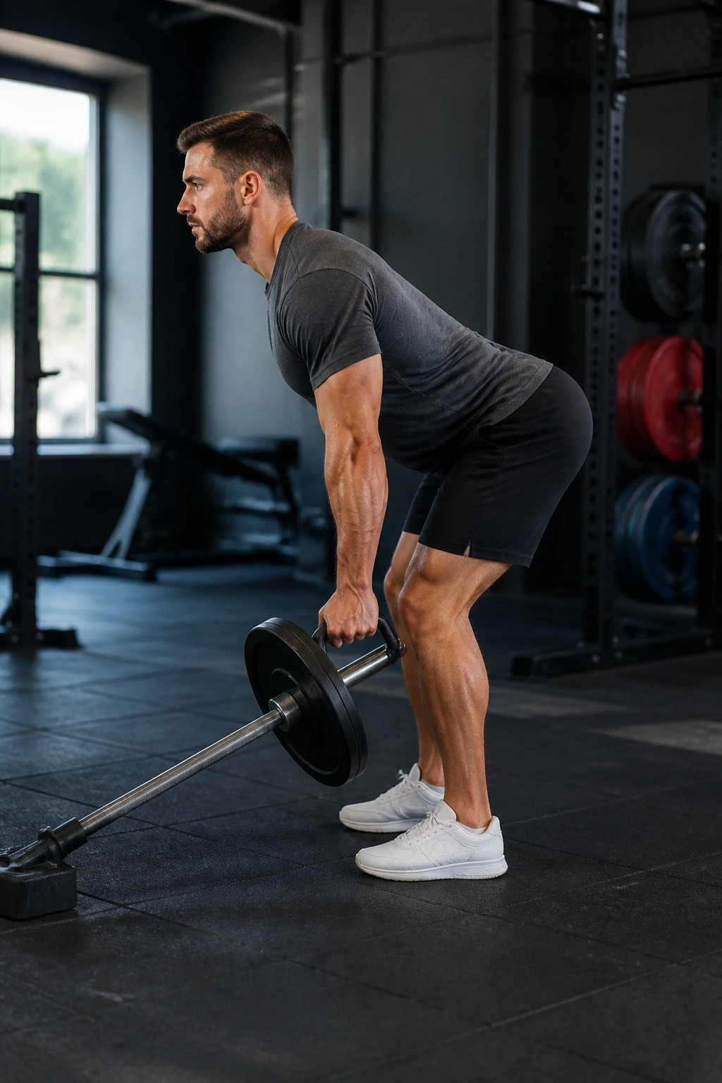 Lifter performing landmine Romanian deadlift in gym