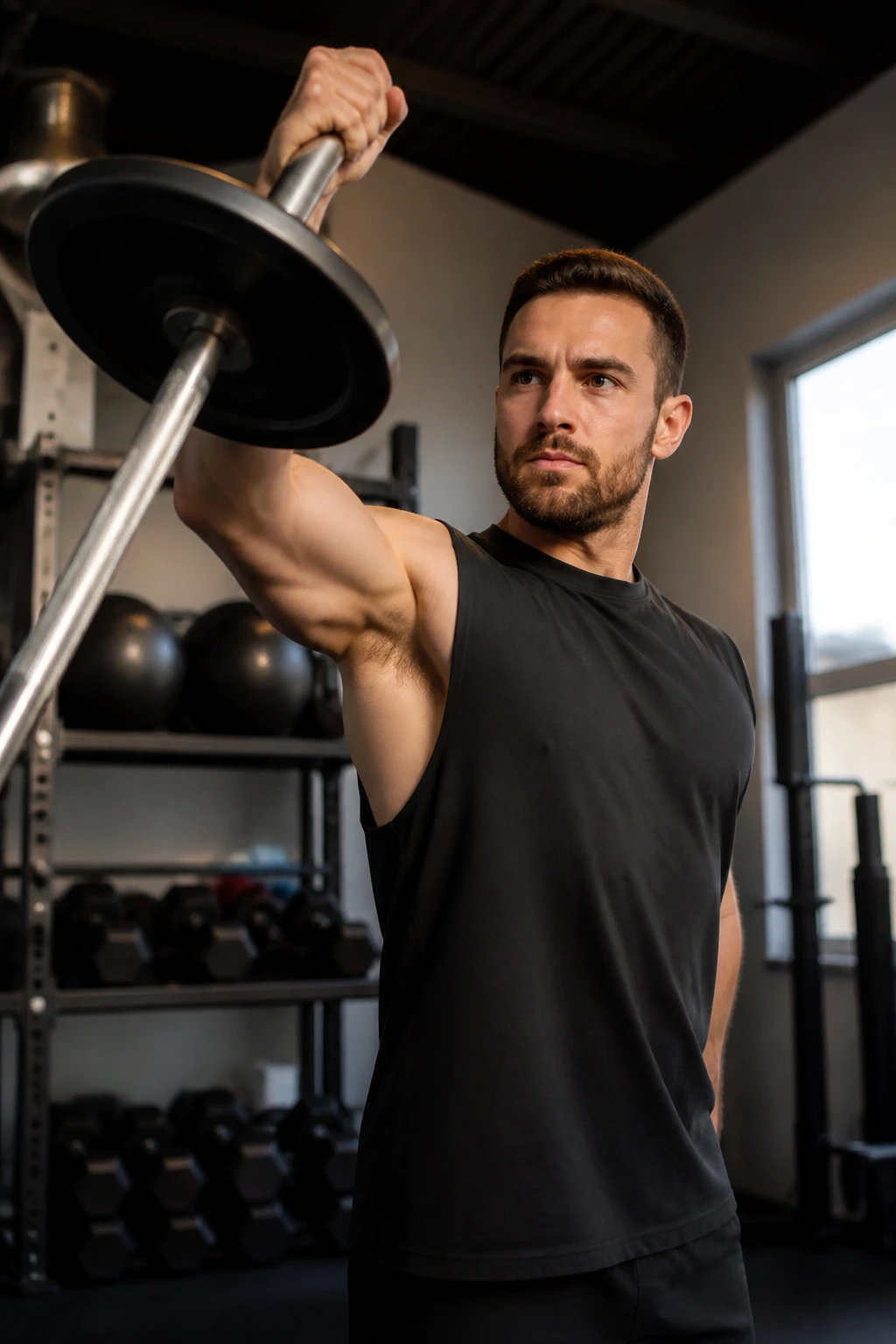 Close-up of lifter performing landmine press with prominent shoulders and triceps in gym