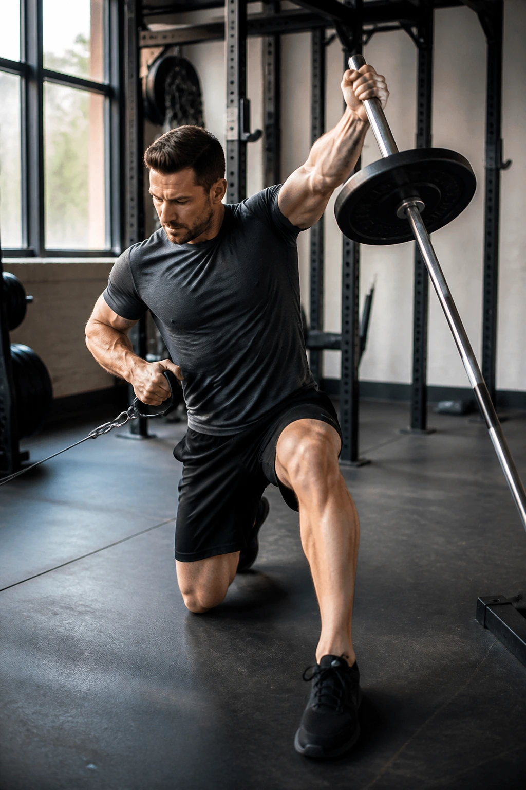 Athlete performing landmine press with one arm and one-arm row with the other arm.