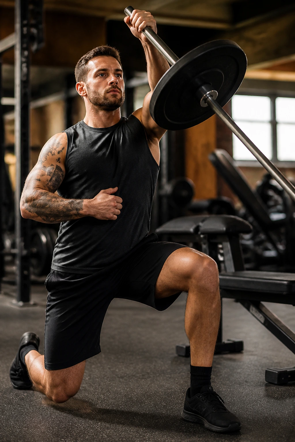 Athlete in half-kneeling landmine press with seal row setup in gym
