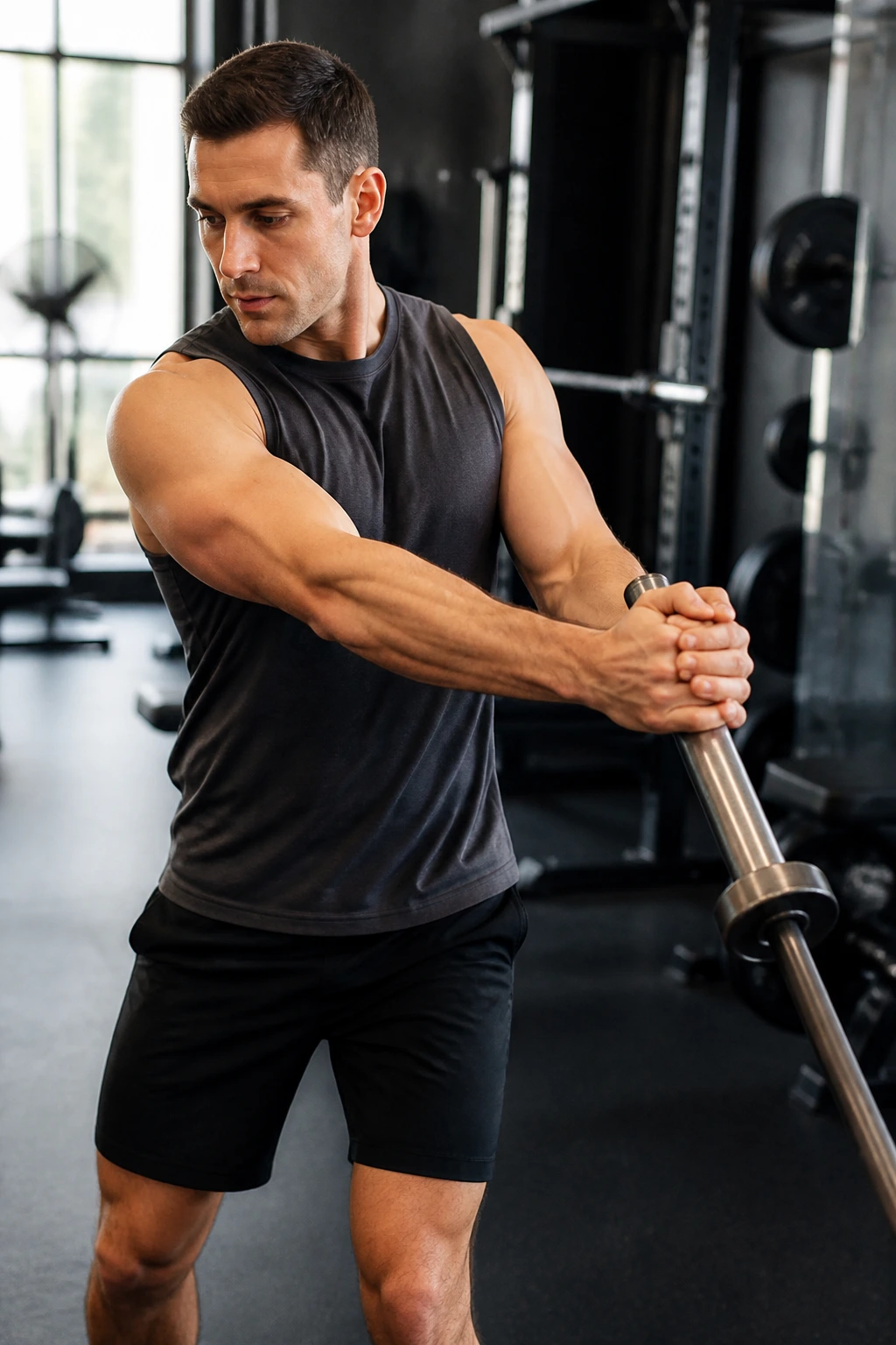Person performing landmine rotation with controlled bar path