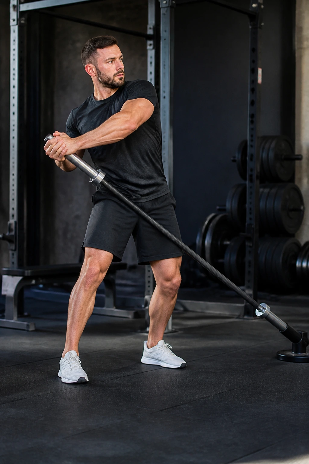 Three-quarter view of a person performing landmine rotation in a gym