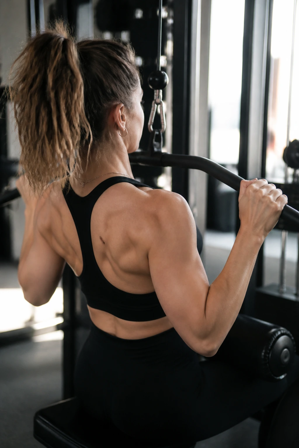 Close-up of a woman performing lat pulldown at gym, emphasizing lats and upper back
