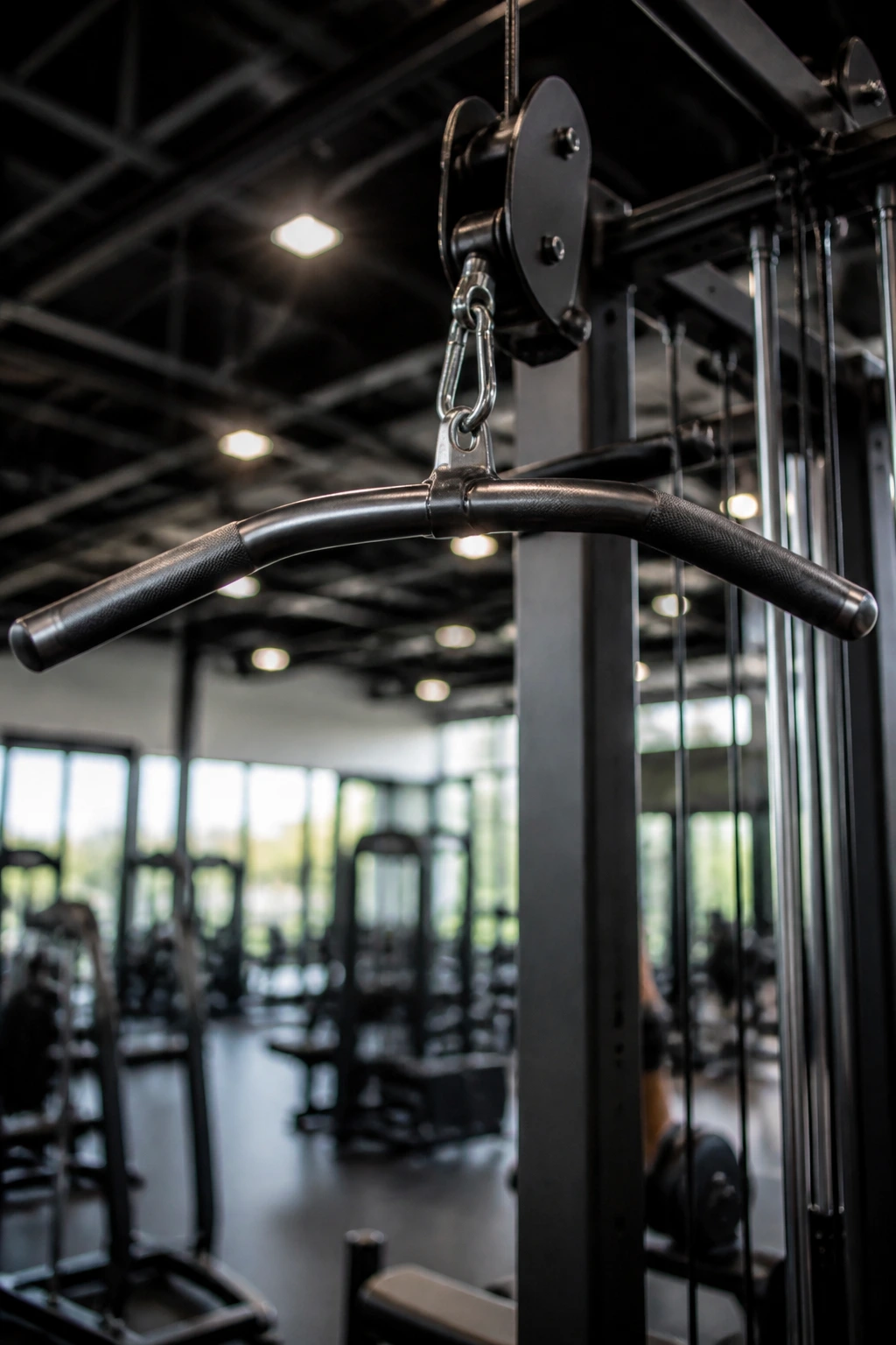 Close-up of lat pulldown bar and pulley in a gym