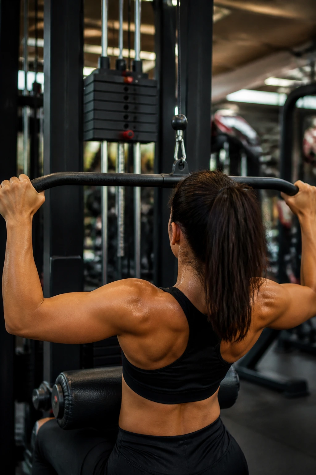 Close-up of a lat pulldown bar with hands pulling down in a gym