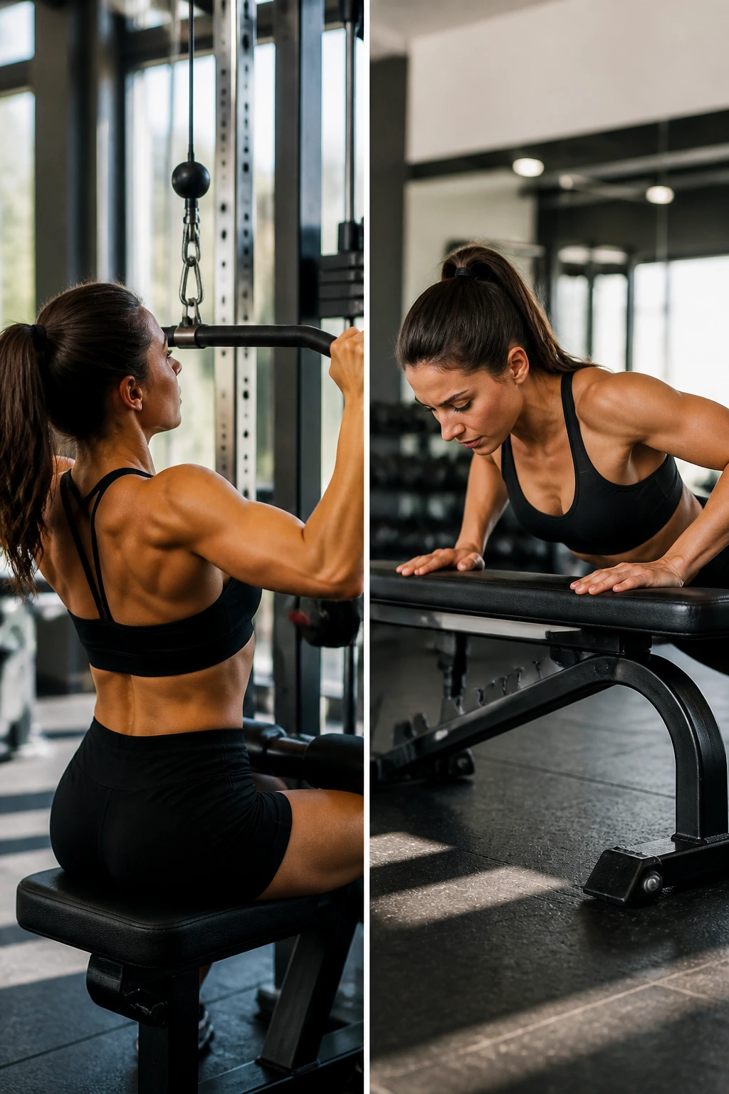 Real athlete performs lat pulldown and incline push-up in split-frame gym setting