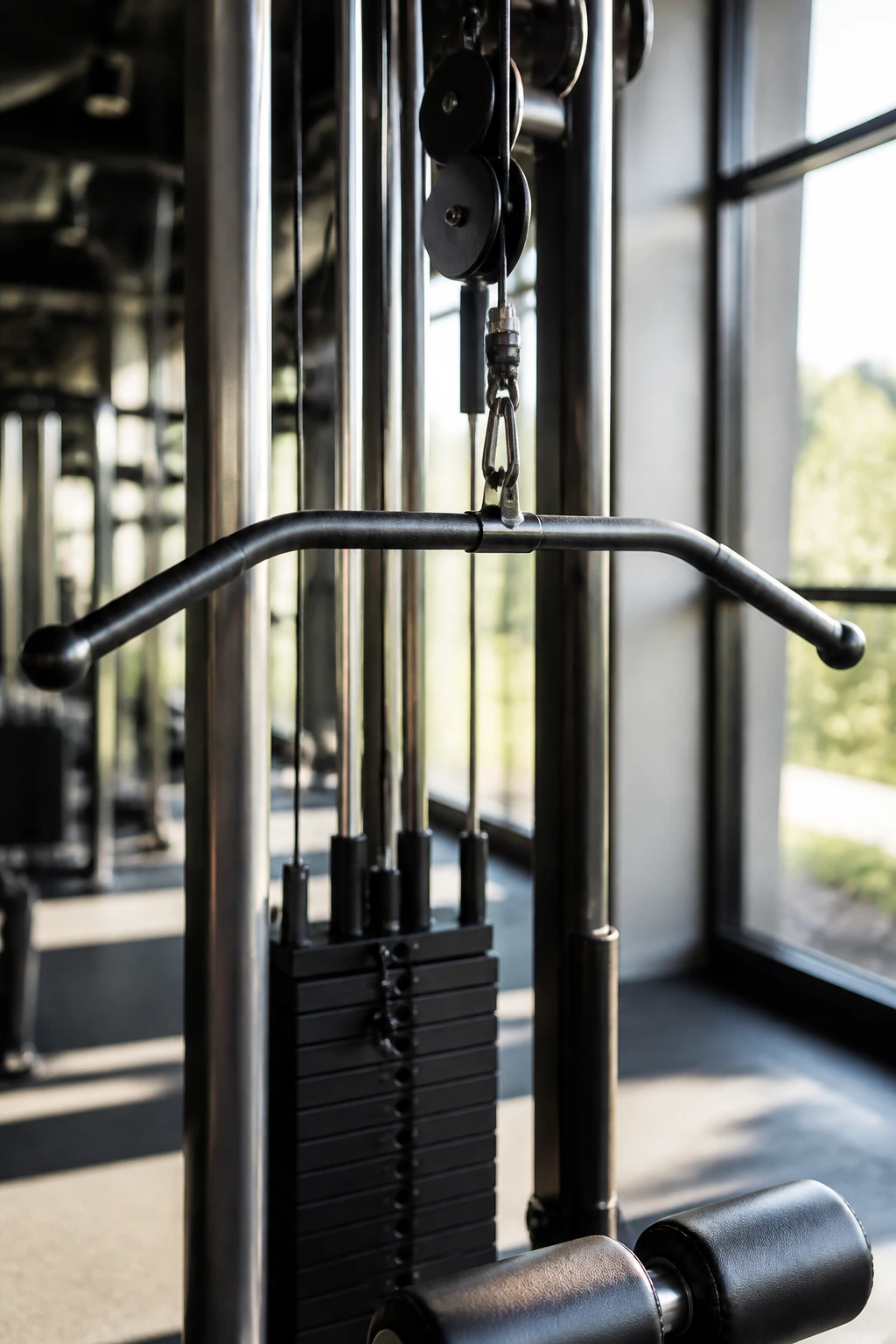 Close-up of lat pulldown bar and weight stack in a gym.