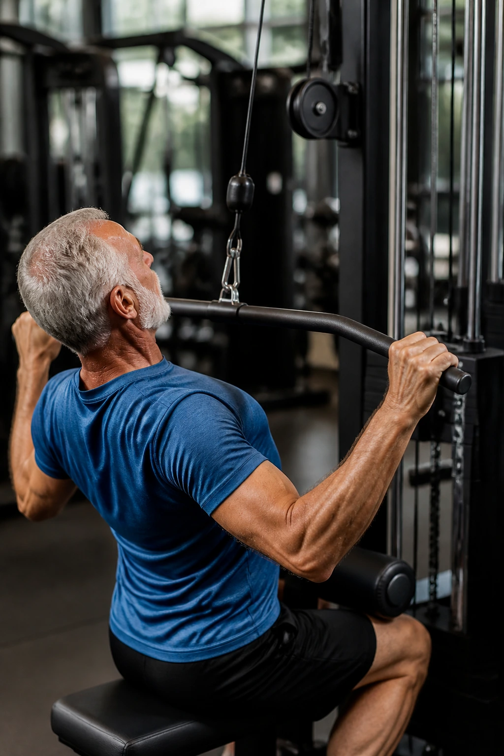 Senior performing lat pulldown on machine